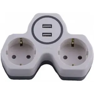 Тройник с зазeмлением 2 гнезда 16A белый/серый Китай Feron +2USB (ADP16-14-20)