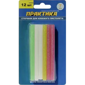 Стержни для клеевого пистолета 7х100мм, 12шт, ПРАКТИКА цветные, с блестками, блистер