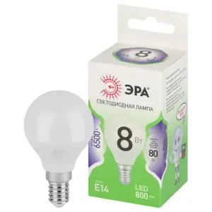 Лампа светодиодная 8Вт E14 220В 6500К 800Лм (холодный) Шарик (P45) ЭРА, GREEN LINE LED P45-8W-865-E14 GL