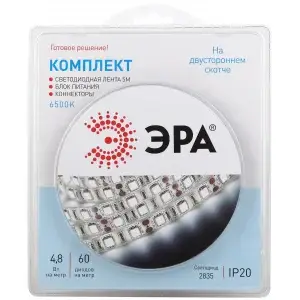 Лента светодиодная 12В 4,8Вт/м 6500К IP20 120-200Лм/м 5м комплект ЭРА
