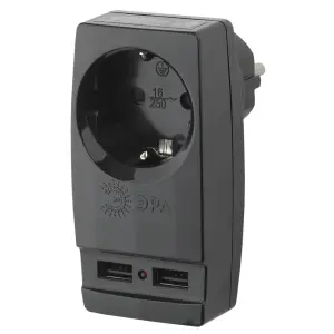 Адаптер с заземлением 1 гнездо 16А черный Китай ЭРА + 2xUSB (SP-1e-USB-B)